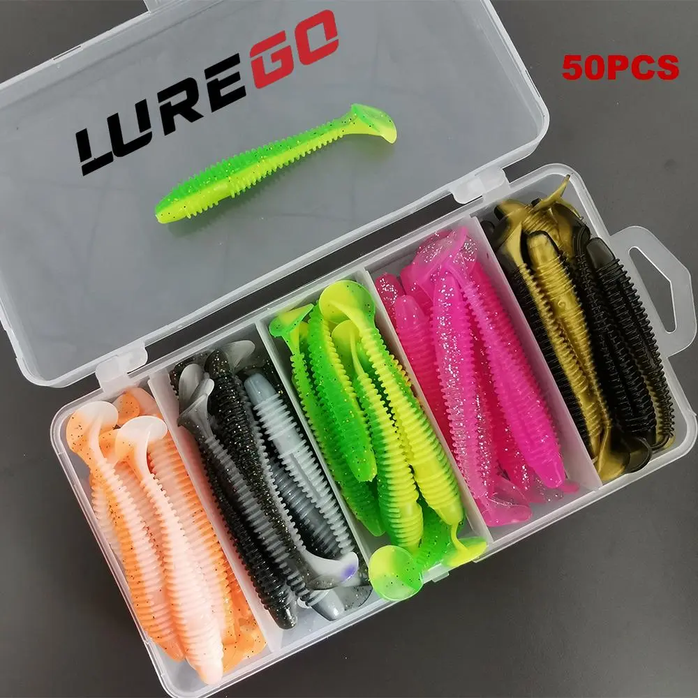 Threaded Soft Fishing Lure, 50pcs Artificial Bait With T Tail, Paddle Tail Swimbait for Trout, Catfish, Salmon, Freshwater and Saltwater Fishing Jig, Outdoor Fishing Accessories, Fishing Lures Kit, Lure Set, Outdoor Fishing Supplies