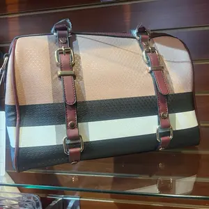 Burgundy Stripe Designer Inspired 2 Apache Handbag Set with Straps Gold Hardware Zipper Closure Double Handles Detachable Straps for Versatile Styling
