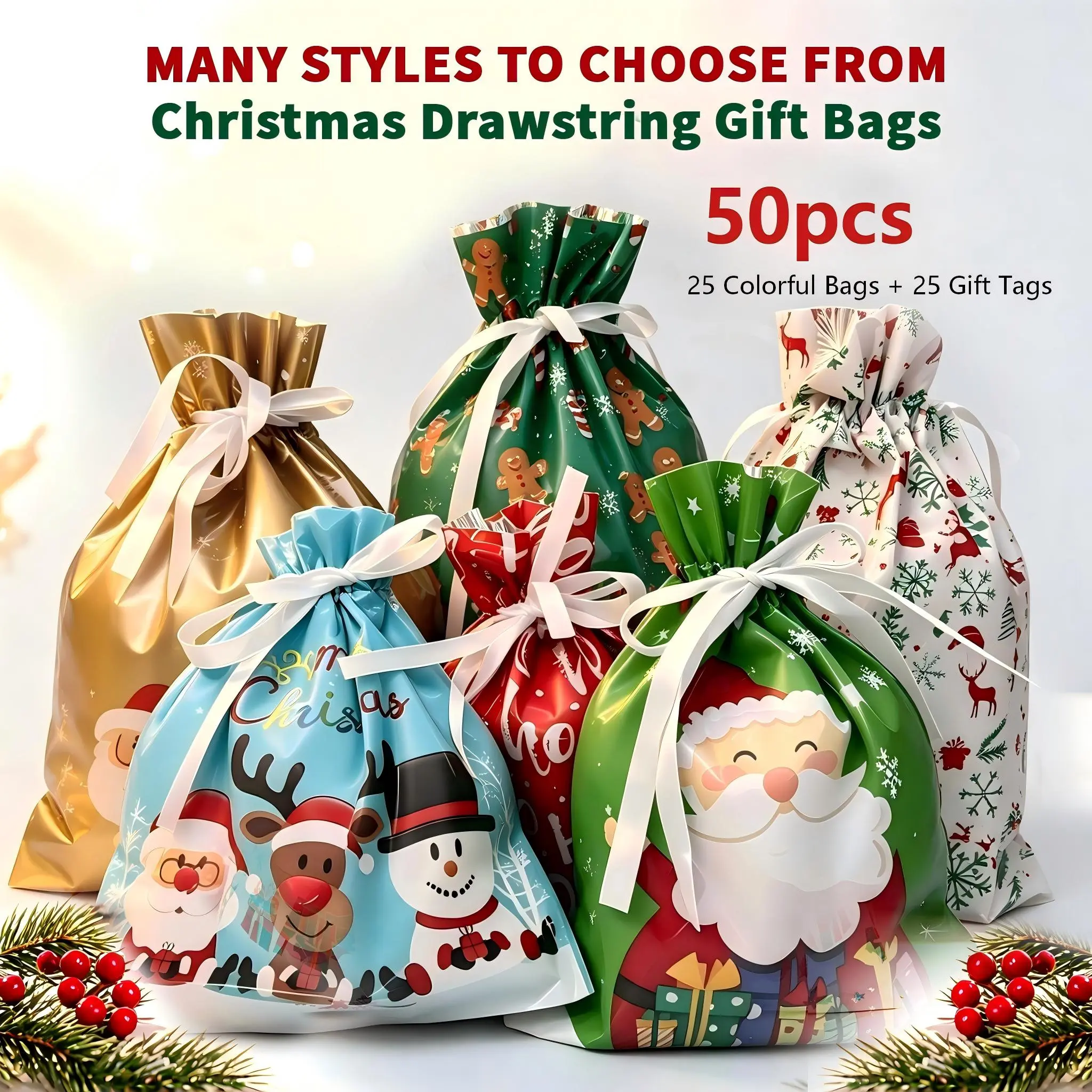 Christmas Gift Bags 25 PCS with 25 Gift Tags, Drawstring Gift Bags in 2 Sizes, Festive Holiday Wrapping Bags, Goodie Bags & Christmas Party Favor Bags for Kids