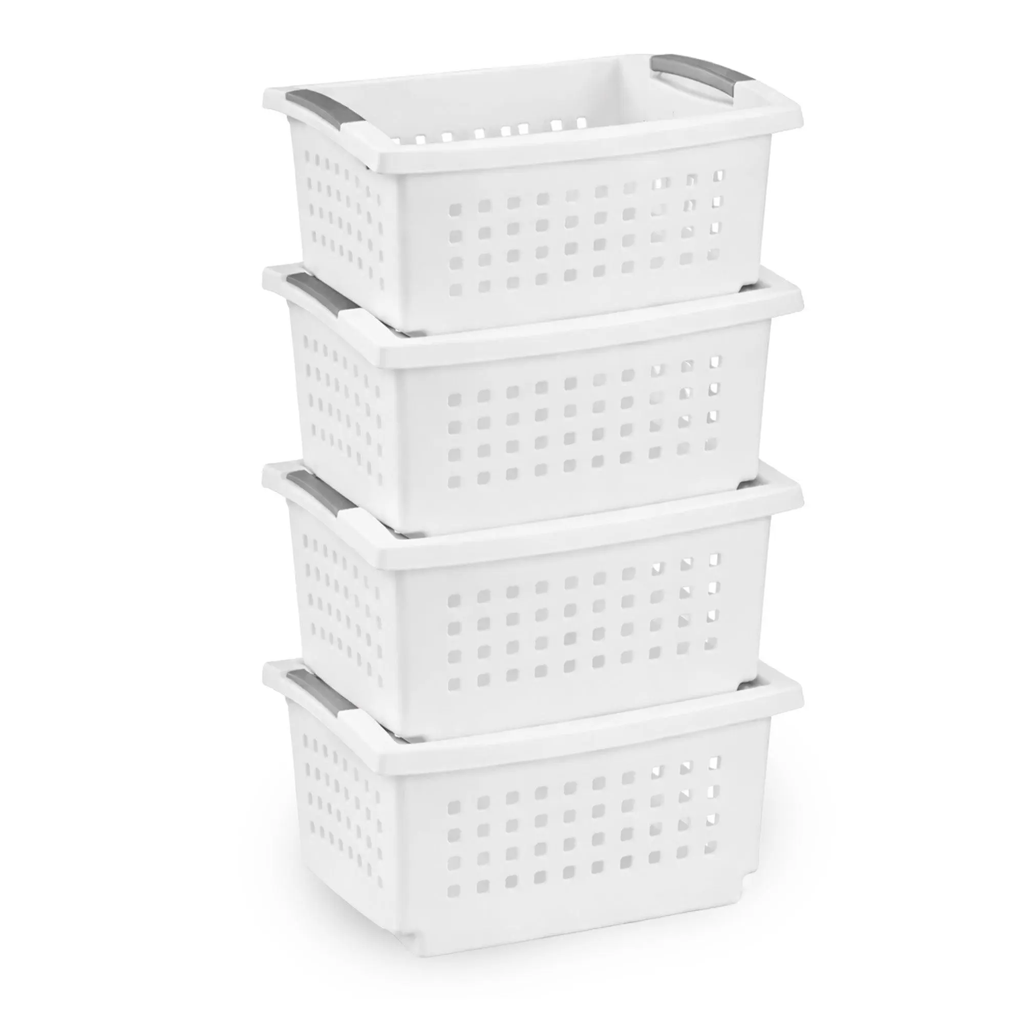 Sterilite Medium Stacking Basket, Open Top Storage Bin w/ Handles, 4 Pack, White Sterilite Medium Stacking Basket, Open Top Storage Bin w/ Handles, 4 Pack, White