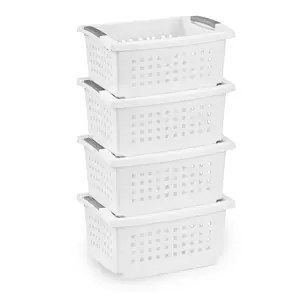 Sterilite Medium Stacking Basket, Open Top Storage Bin w/ Handles, 4 Pack, White Sterilite Medium Stacking Basket, Open Top Storage Bin w/ Handles, 4 Pack, White