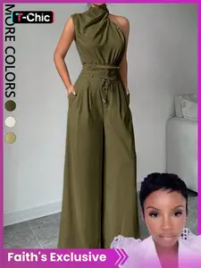 【Faith's Exclusive】Women's Solid Color Flowy Crop Tank Top & Wide Leg Pants Two-piece Set Outfit, Elegant Fashion Casual Top & Trousers for Daily Everyday Outdoor Wear, Women's Clothing for Summer Womenswear