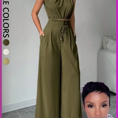 【Faith's Exclusive】Women's Solid Color Flowy Crop Tank Top & Wide Leg Pants Two-piece Set Outfit, Elegant Chic Fashion Casual Top & Trousers for Daily Everyday Outdoor Wear, Women's Clothing for Summer Womenswear