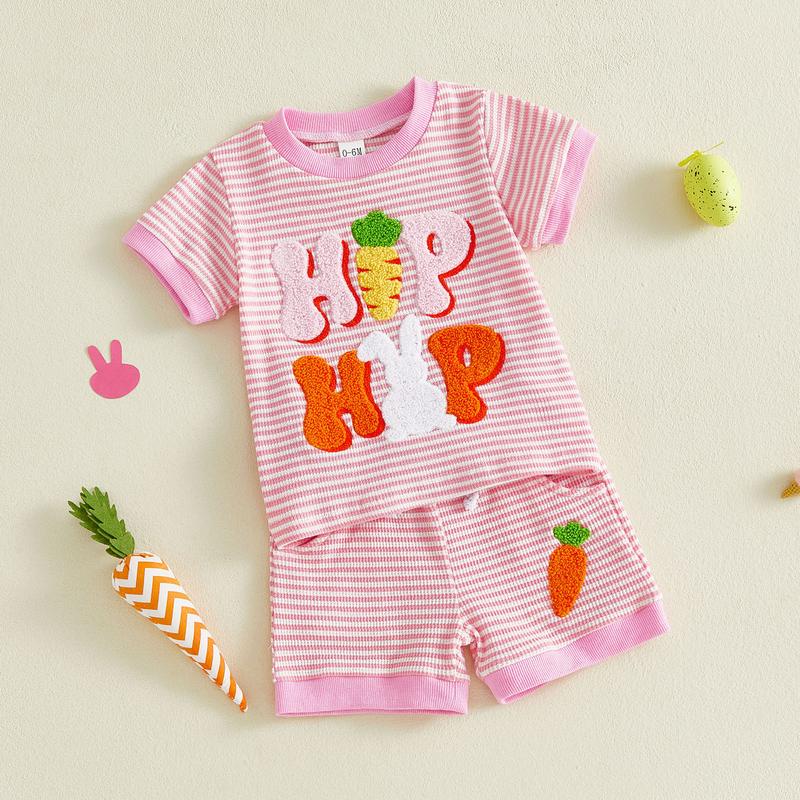 Toddler Baby Girl Boys Easter Outfits Set Short Sleeve Carrot Bunny Letter Embroidery T-Shirt and Shorts Infant Easter Clothing Set 0-3 Years
