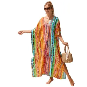 Women Ethnic Print Kaftan Dress Plus Size Swimsuit Cover Up,Mrs. Roper Kaftan, Swimsuit, bubu, mumu, Casual Womenswear Boho Caftan Baggy - Orange Rainbow