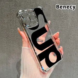 Four Corner Anti-Fall Creative Letter Pattern Phone Case for iPhone 16 Pro Max 15 Plus 14 13 12 11 E Shockproof Transparent Electroplated Protective Cover