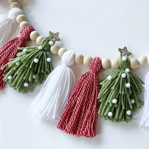 Christmas Tree Nordic Style Wooden Bead Green Red Pink Ball Tassel String Bohemian Hanging Ornament String Wall Decoration Wall Hanging Christmas Decoration