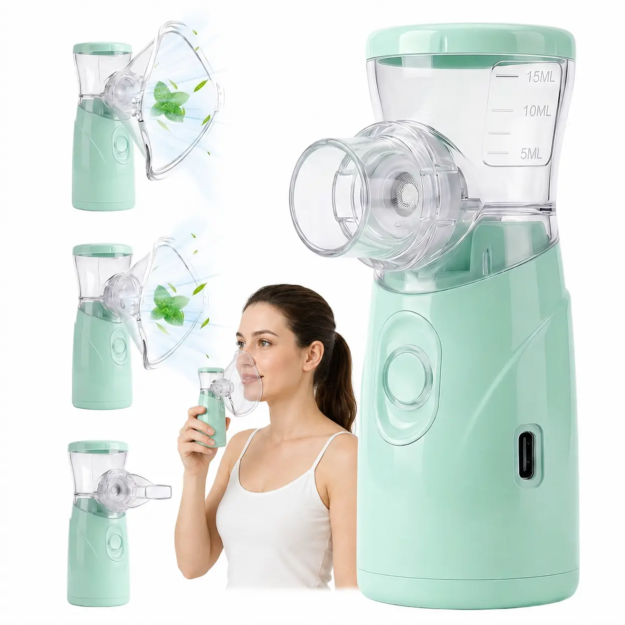 Lightweight Mint Green Portable Handheld Mesh Atomizer - Type-C Rechargeable, Push Button, Ultra-Fine Cool Mist Inhaler, Gentle Daily Relaxing Whisper-Quiet Personal Humidifier for Home & Travel (For Kids & Adults)