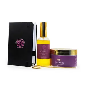 Soft Hustle Glow Bundle - Luxury Self-Care Set with Large Body Butter, Matching Body Oil, Gold Ritual Spoon, Buji Aura Journal, Travel Bag & Daily Card - Choose Your Scent Coco Kisses, Blue Dream, or Soft Hustle Original