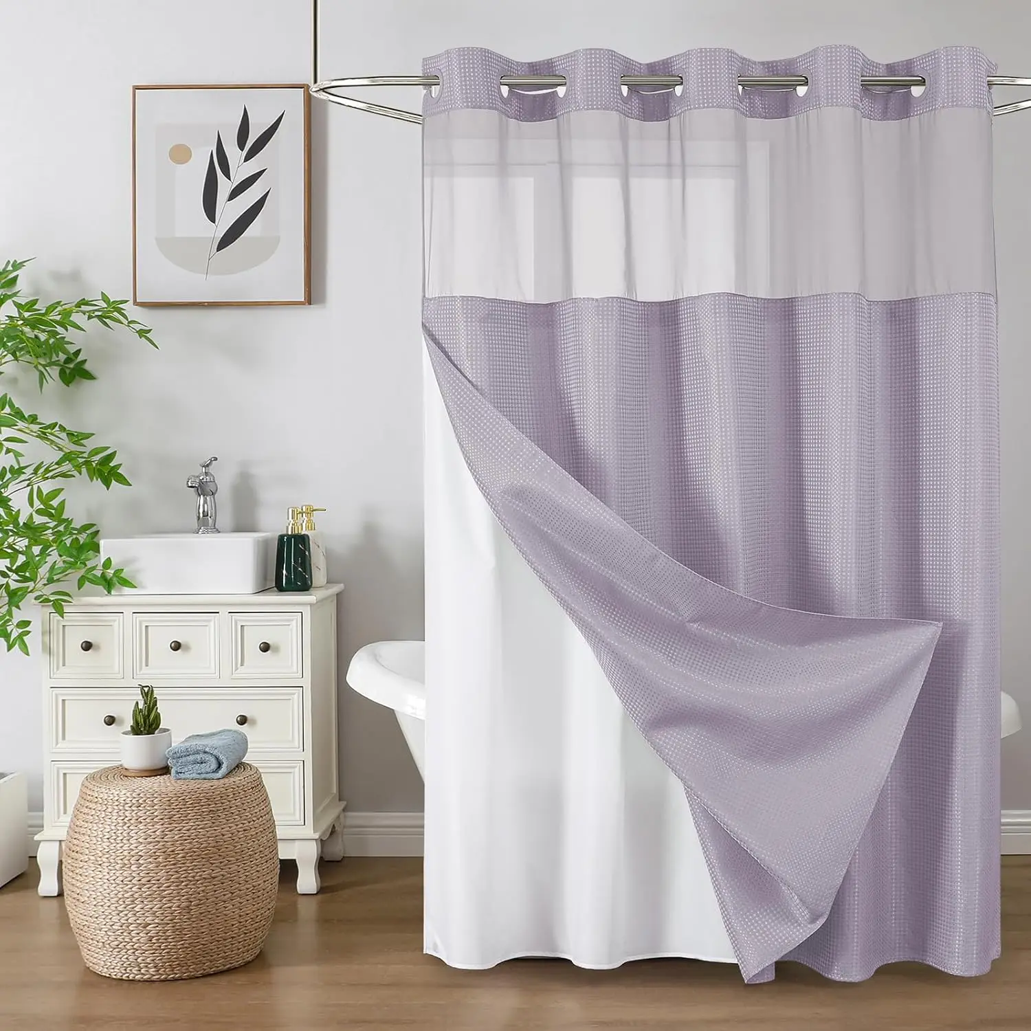 No Hook Shower with Snap in Liner, Waffle Weave Duty Thick Shower Curtains with Mesh Top Window, Hotel Style Waterproof Set, 72 x 75 Inch, Lavender