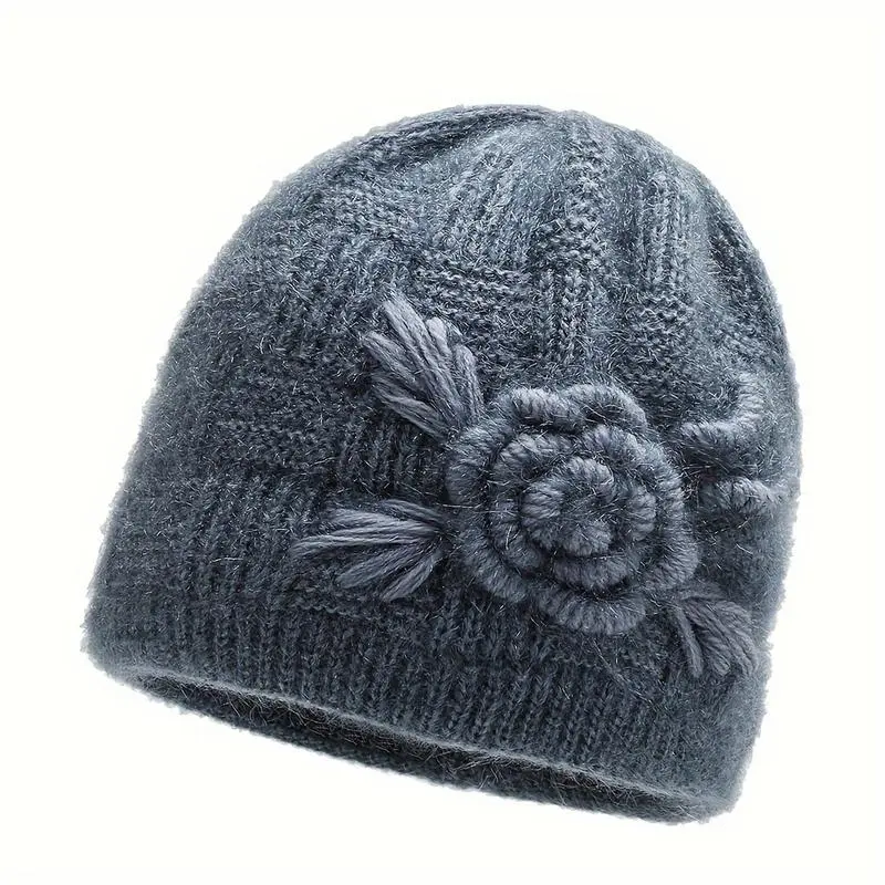 Women's Crochet Beanie Hat with Artisan Floral Motif, Soft Knit Yarn, Stretchy Warm & Cozy for Winter Cold Weather, Crochet Detail Feels Artisan, Crochet Project, Female