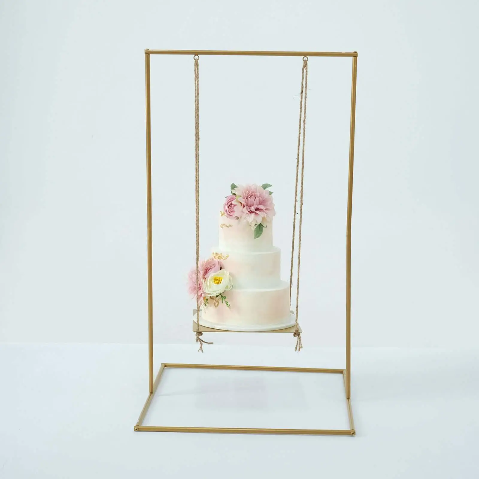 Multifunctional Adjustable Metal Cake Swing Rack with Jute Rope, Gold - 3ft Tall Chic Hanging Dessert Display Centerpiece for Upscale Event Table Decor