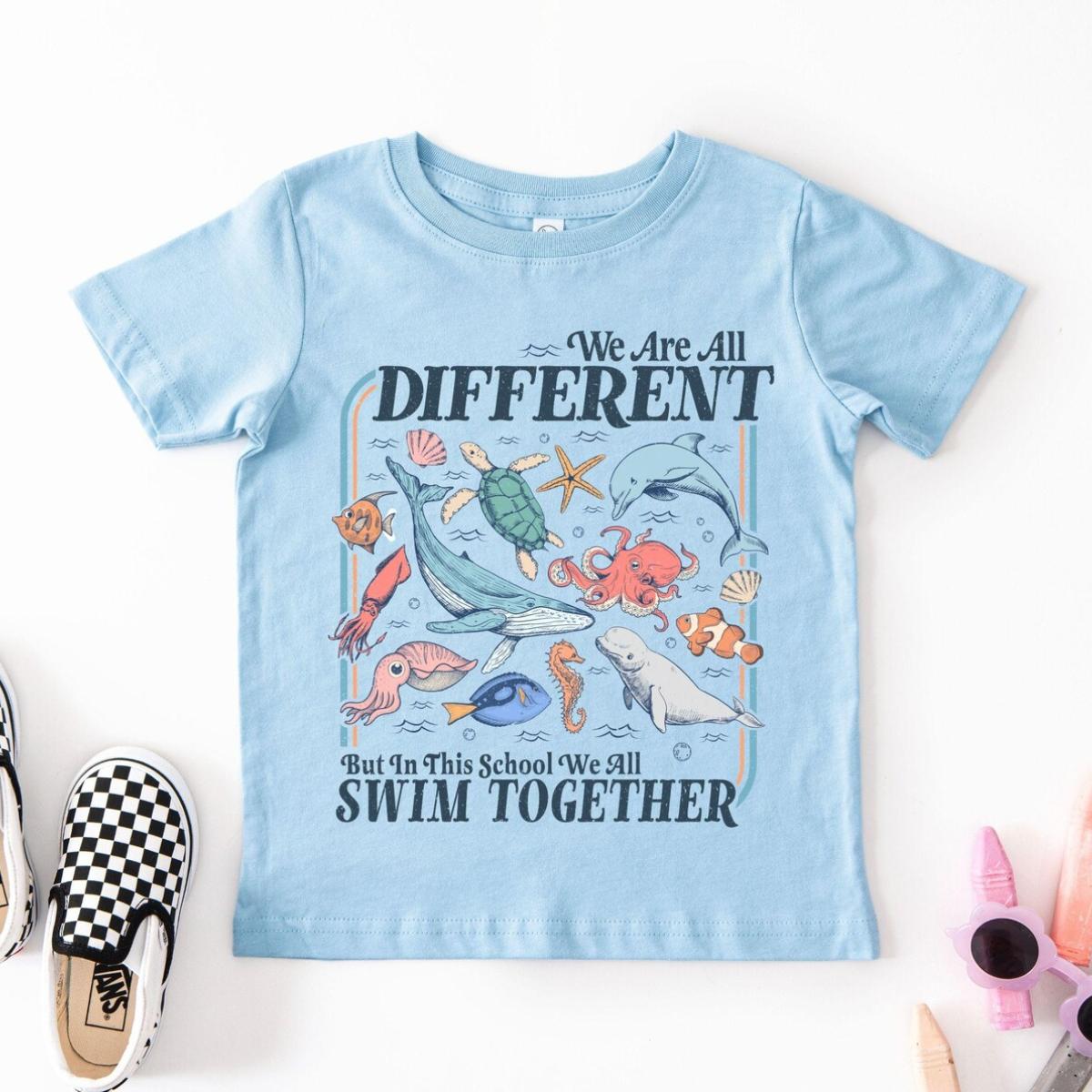 Inclusive Ocean Animals Toddler Shirt – We Are All Different Swim Together: School Kids & Teacher Kids Tee, Bodysuit