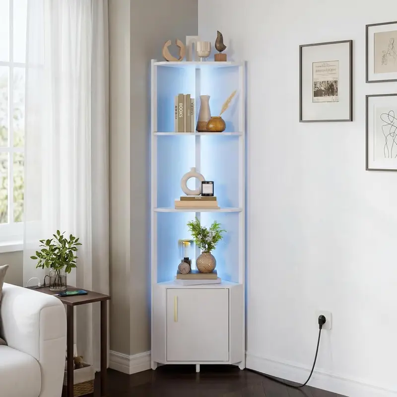 Garvee 5-Tier 58-Inch Tall Narrow White LED Corner Shelf Stand Durable Metal Frame Easy Assembly Home Storage Organizer for Living Room