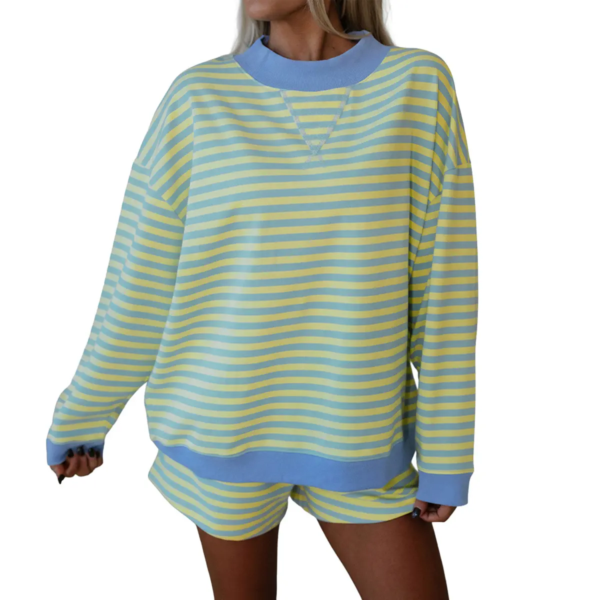 Mntaor Women’s Stripe Color Block Long Sleeve Pullover & Elastic Waist Shorts 2-Piece Set Cozy Chic Loungewear Pajama for Home Errands Casual Weekend Vibes