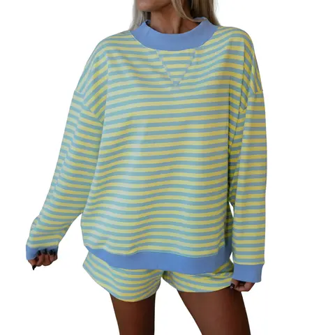 Mntaor Women’s Stripe Color Block Long Sleeve Pullover & Elastic Waist Shorts 2-Piece Set Cozy Chic Loungewear Pajama for Home Errands Casual Weekend Vibes Nightwear Womenswear