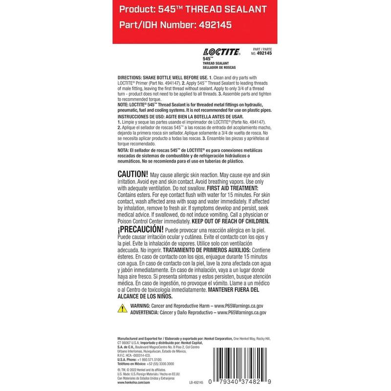 Loctite 545 Automotive Pneumatic/Hydraulic Pipe Thread Sealant Purple - High Lubricity, High Pressure, Solvent Resistance - 36 ml, 1 Pack