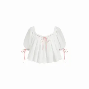 Cider 100% Cotton Square Neck Broderie Anglaise Drawstring Puff Sleeve Oversized Blouse