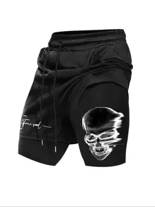 Men's Regular Fit Skull & Letter Print 2 in 1 Drawstring Waist Shorts, Casual Pocket Track Shorts for Summer, Fashion Men's Bottoms for Daily Wear, Halloween, Casual Athletic Shorts