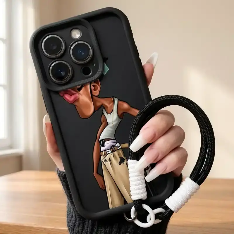 1pc Black Pistol Pout Man Graphic TPU Smartphone Case with Crossbody Strap - Full Coverage, Protective, Anti-Drop, Shockproof, Flexible Cellphone Accessory Compatible with iPhone 16,15,14,13,12,11 Pro Max Series