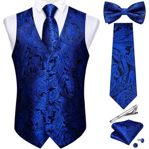 Men's Silk Paisley Vest and Necktie Set 6PCS Pre-tied Bow Tie Formal Waistcoat for Wedding Party