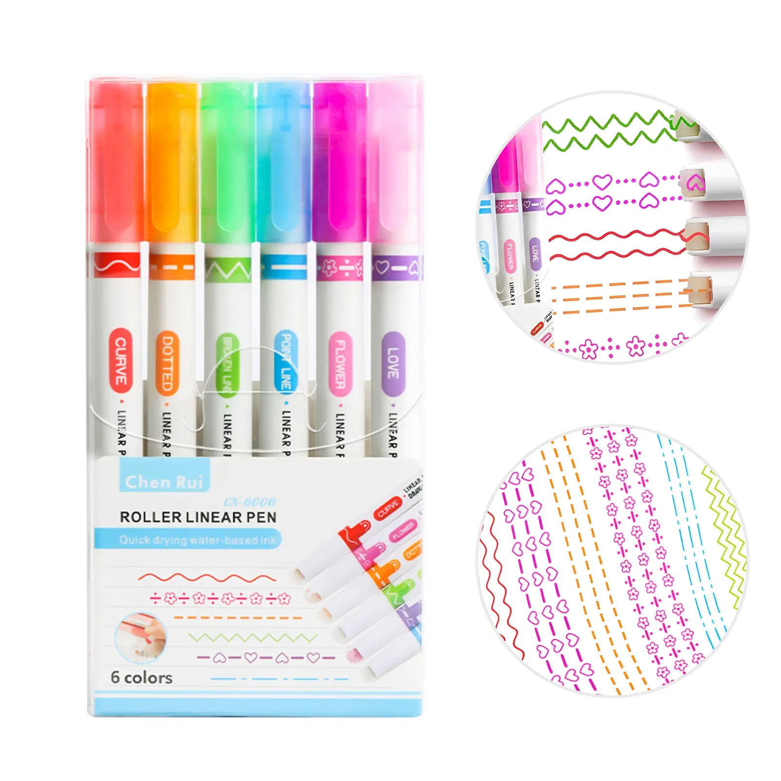 6 Pack Marker Pens for Note Taking, Curve Highlighters, 6 Different Curve Shapes & 6 Colors Fine Line, Colored Curve Pens for Students, Planners, Teachers & Scrapbooking Supplies