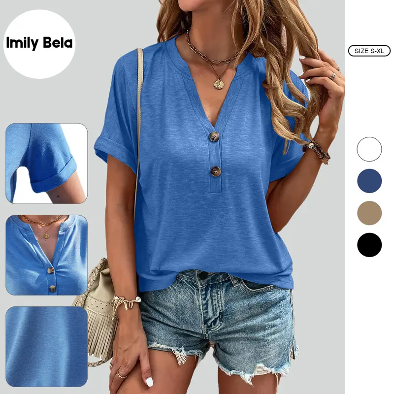 Imily Bela Women's short-sleeve V-neck button-up fitted top T-Shirt / Women's Top Button  V-Neck Short  Sleeve Shirt Style T-Shirt