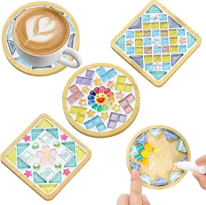 4 Sets DIY Mosaic Tiles for Crafts Mixed Color Glass Mosaic Kit with  Coaster Mosaic Crafts Kits for Adults Handmade Coasters Making Set for Home Decoration Art Christmas Gifts