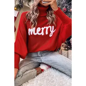 Red Merry Letter Embroidered High Neck Sweater