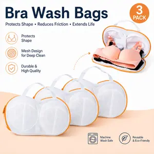 Women's Orange Mesh Laundry Wash Bags Set (3pcs) - Zippered Bra Protectors for Lingerie & Delicates, Washing Machine Accessory to Prevent Snagging & Deforming, Orange(3Pcs)