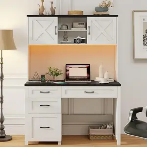 Vabches Farmhouse 67" H Executive Desk with Hutch,Office Table with 4 Drawers and LED Light, Computer Desk with Storage Cabinet & File Drawers and Charging Station, Wood Workstation for Home Office,Study