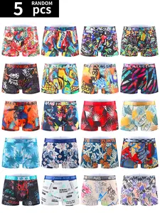 5-Pack Men’s High Elasticity Boxer Briefs, Soft Breathable Polyester Blend Tie-Dye Trendy Graphic Prints, Athletic Shorts Multi-Color Mix for Everyday Gym Cycling, Super Value Pack