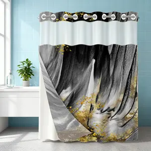 1PC double-layer large ring shower curtain, black gilded pattern, shower curtain, high-end quick drying hanging curtain, bathroom, curtain, waterproof, mildew proof curtain