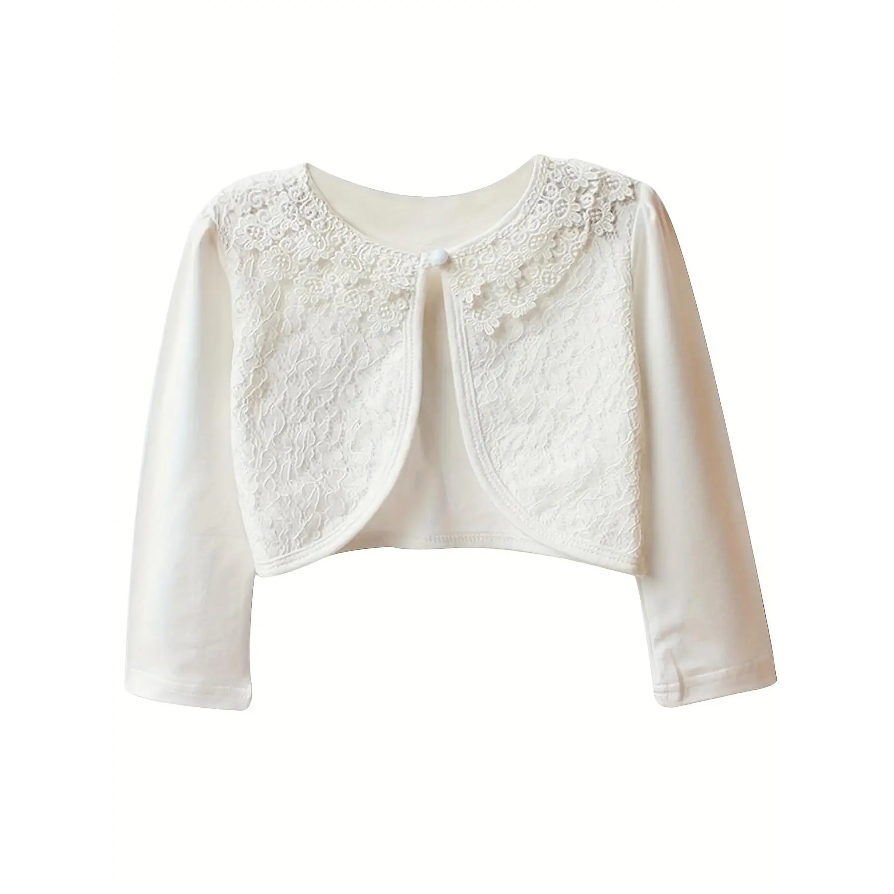 Child-Sized Button-Down Girls' Cotton Cardigan Knitwear - Plain, Crew Neck, Contrast Lace, All-Season Party Top, Button-Down Girls' Cardigans