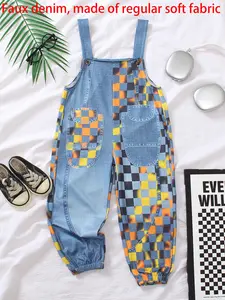 Fashion Chessboard Print Artificial Denim Workwear for Kids, Adjustable Straps, Dual Front Pockets, Elastic Cuffs, Sizes 100-140cm