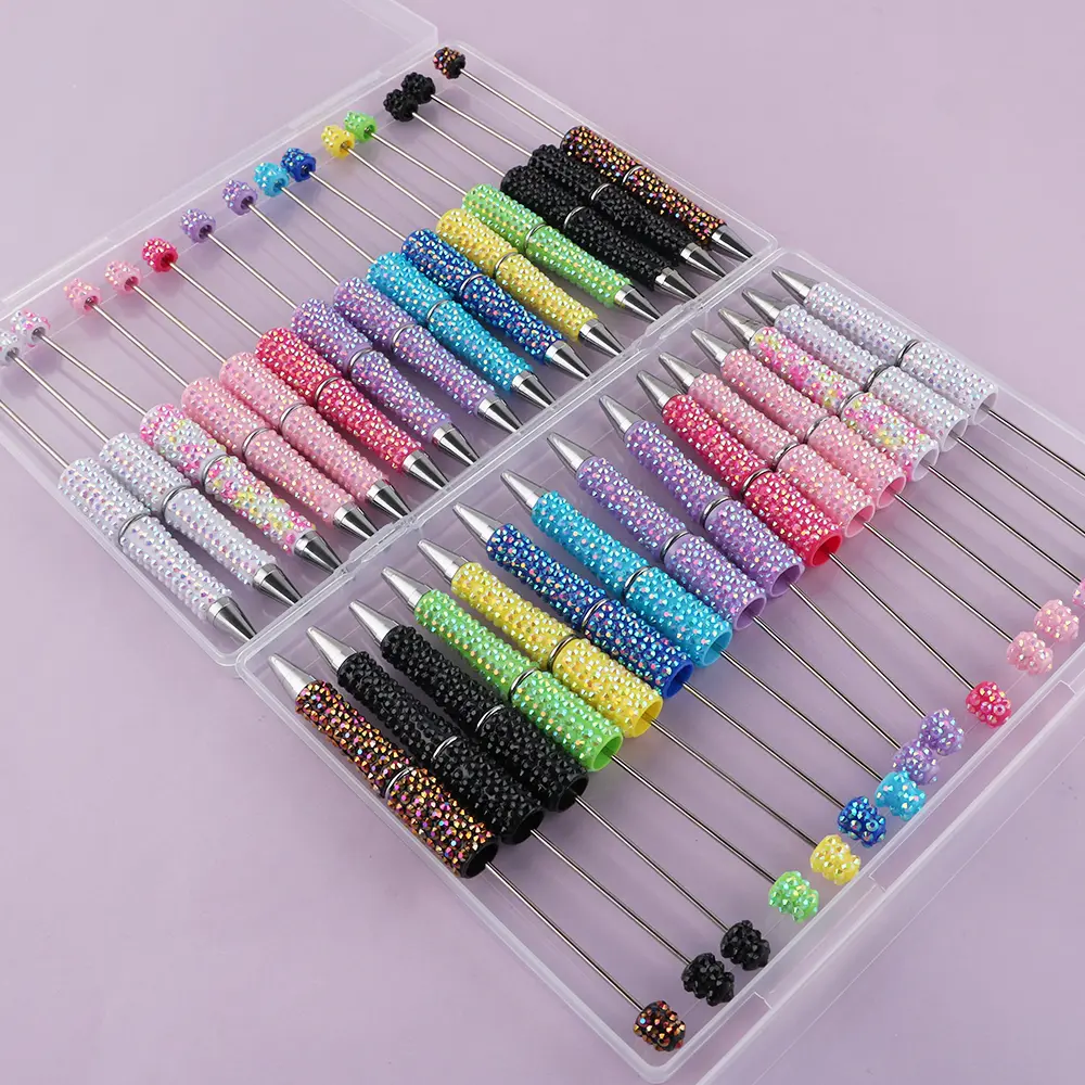 15pcs/Box Bubble Pens Full Rhinestone Plastic Bead Ballpoint Pen Mixing Multicolor Cute Shiny DIY Beaded Pens Random Fun Bling Retractable Beaded Writing Pen For DIY Craft Office Supplies Ball Pen Set Gifts