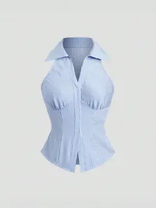Women's Summer Blue Striped Knit Sleeveless Turn-Down Collar Commuter Daily Wear Vest, Casual Fashion Top for Everyday Use