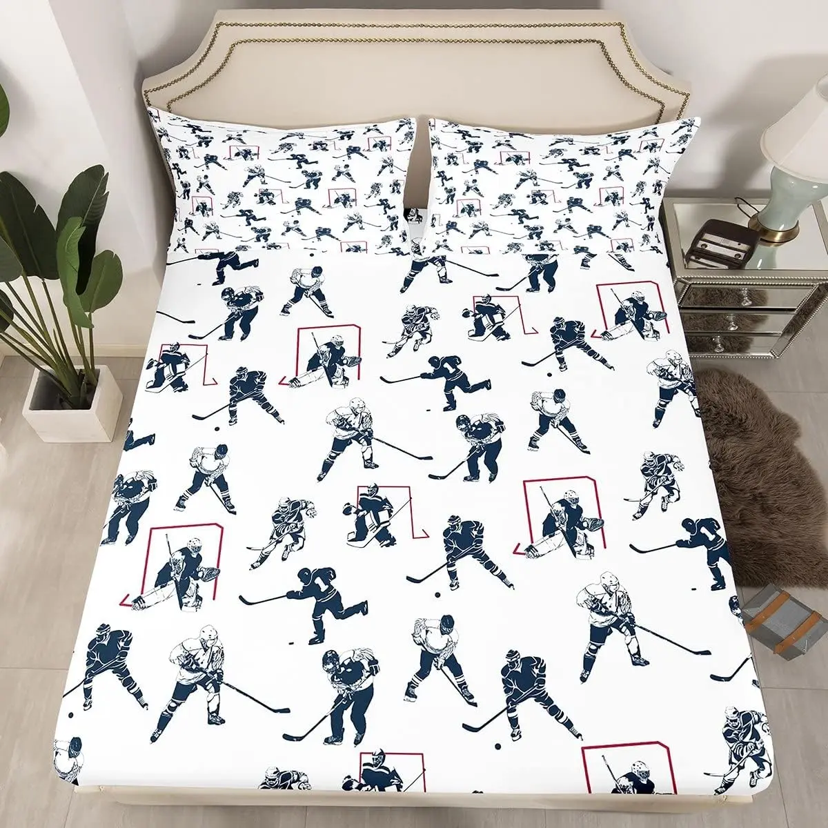 Ice Hockey Bed Sheet Set Twin Full Queen Size,Sports Event Bedding Set,Hockey Player Fitted Sheet Bedroom Decor Winter Sports Hockey Puck Bed Cover, Bedding Sets For Hockey Lovers, Bedsheet Sets For Sports Fans