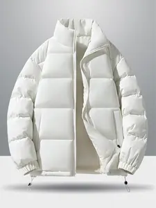 Men's Solid Color Stand Collar Padded Coat, Regular Fit Casual Warm Thermal Lined Outerwear for Winter, Men's Clothes for Daily Wear, Jackets