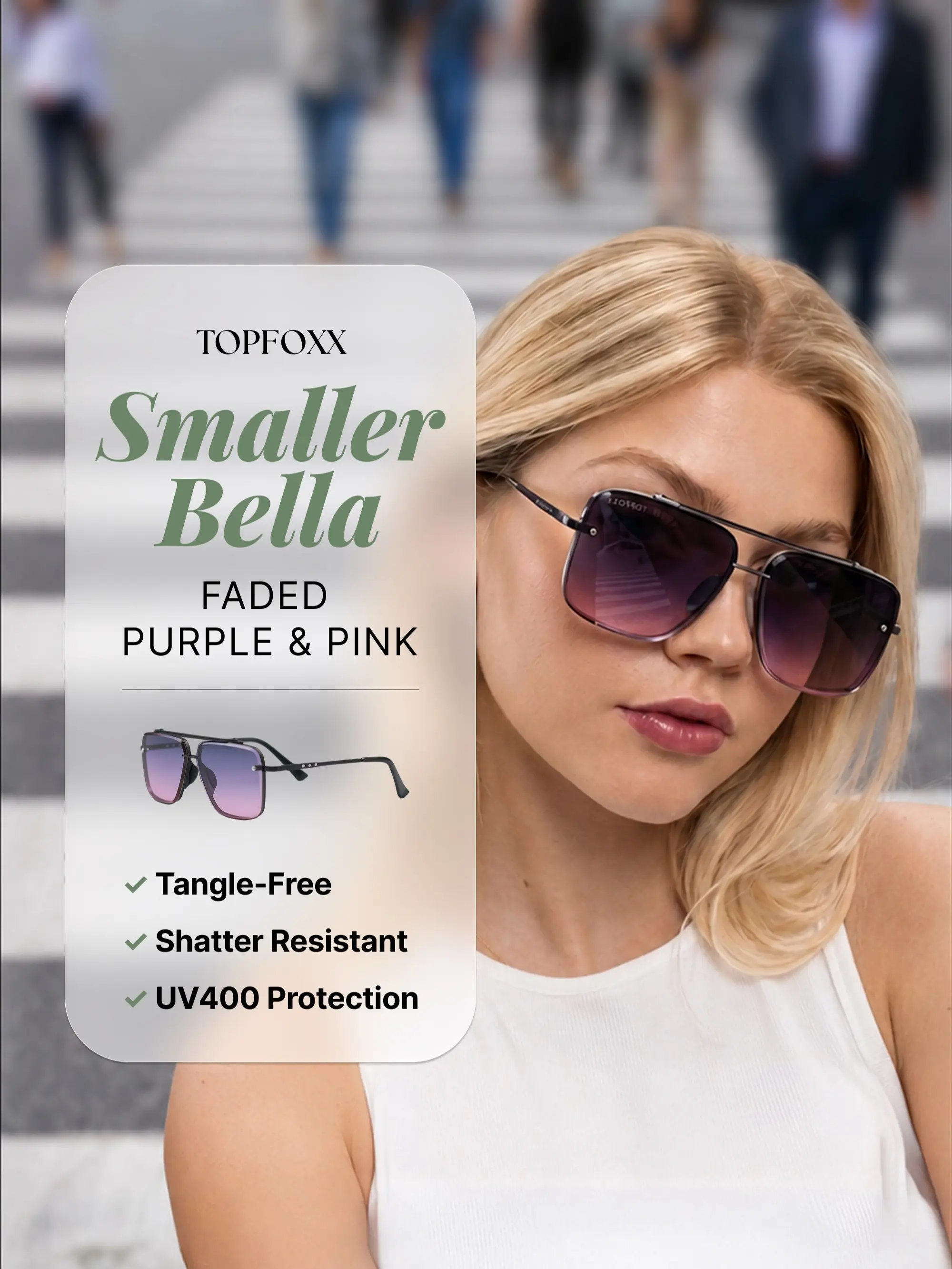 Topfoxx Smaller Bella Faded Purple & Pink Tangle-Free Aviator Sunglasses - FDA Certified Shatter-Resistant UV400 Lenses - Hand Assembled Trendy Frames Sunglasses for Women, 60s Aesthetic Ryan Gosling Glasses Style Stylish Accessories