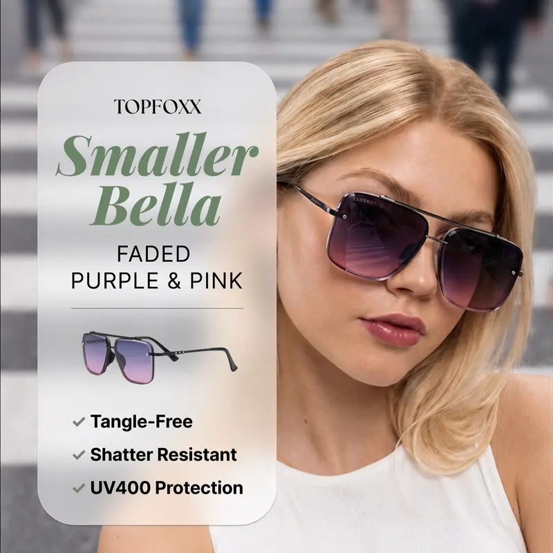 Smaller Bella Tangle-Free Aviator Sunglasses | Trendy Square Frame Sunglasses with Tangle-Free Nose Pads, Shatter-Resistant Lenses & UV400 Protection - Hand-Assembled Stylish Fashion Shades for Women - Ideal for Streetwear & Everyday Styling