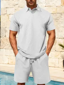 New men's two-piece plain color casual polo shirt with the same color drawstring waist shorts set, casual short-sleeved collarless top pocket sports shorts, summer men's clothing set.