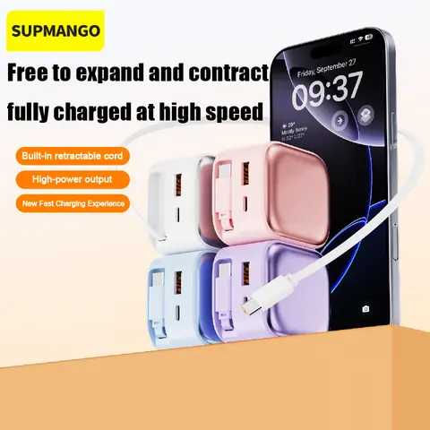 SUPMANGO 35W GaN Type-C Plug Mobile Charger with Auto Reel, 2 Retractable 31.5-in Cables, PPS, Energy Efficient, Less Heat Fast Charging for Devices Compatible with iPhone 17/16/15 Series, MacBook Pro/Air - White