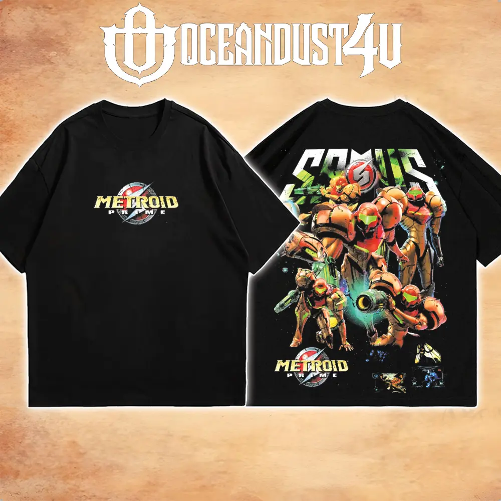 OceanMOB4U Metroid Prime Samus Aran Black T-Shirt, Front and Back Graphic Gaming Tee, Retro Sci-Fi Action Adventure Video Game Shirt, Unisex Gamer Gift