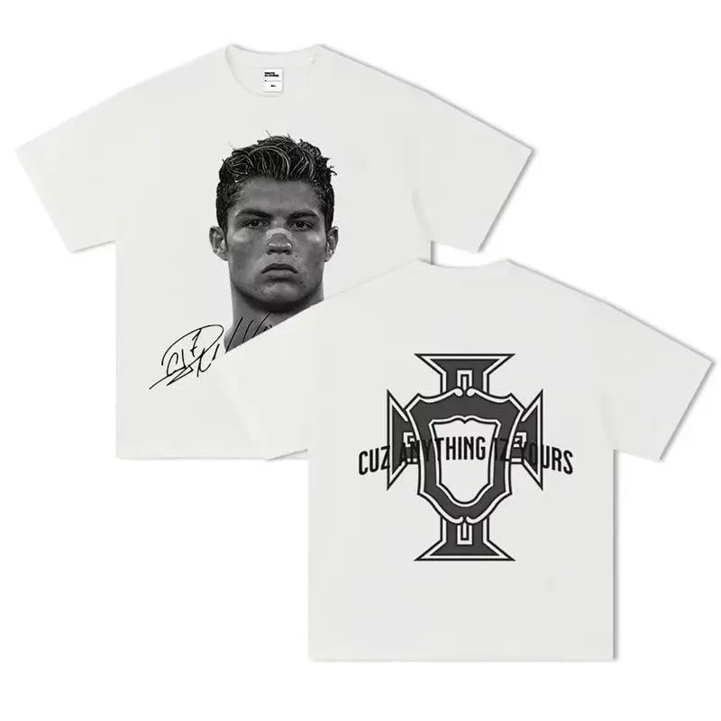 Vintage CR7 Ronaldo T-shirt, GOAT Heavyweight Graphic Tee, Oversized Urban Tee, White for Men R X