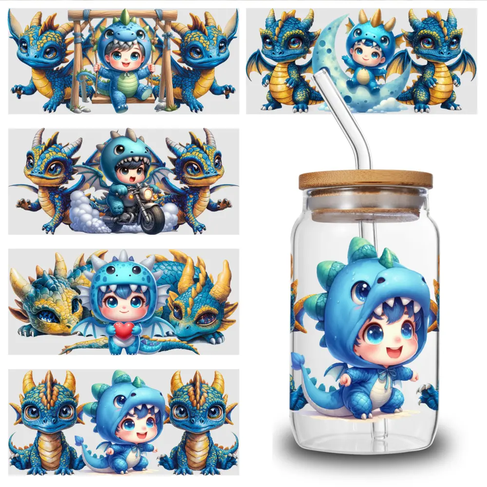 5 Sheets Cute Dragon UV DTF Stickers with Dragon Graphic Prints - Waterproof Self-Adhesive 3D Crystal Labels for 16oz Glass Mugs, Water Bottles, Practical Cup Packaging Transfers, High-Quality Home Decor