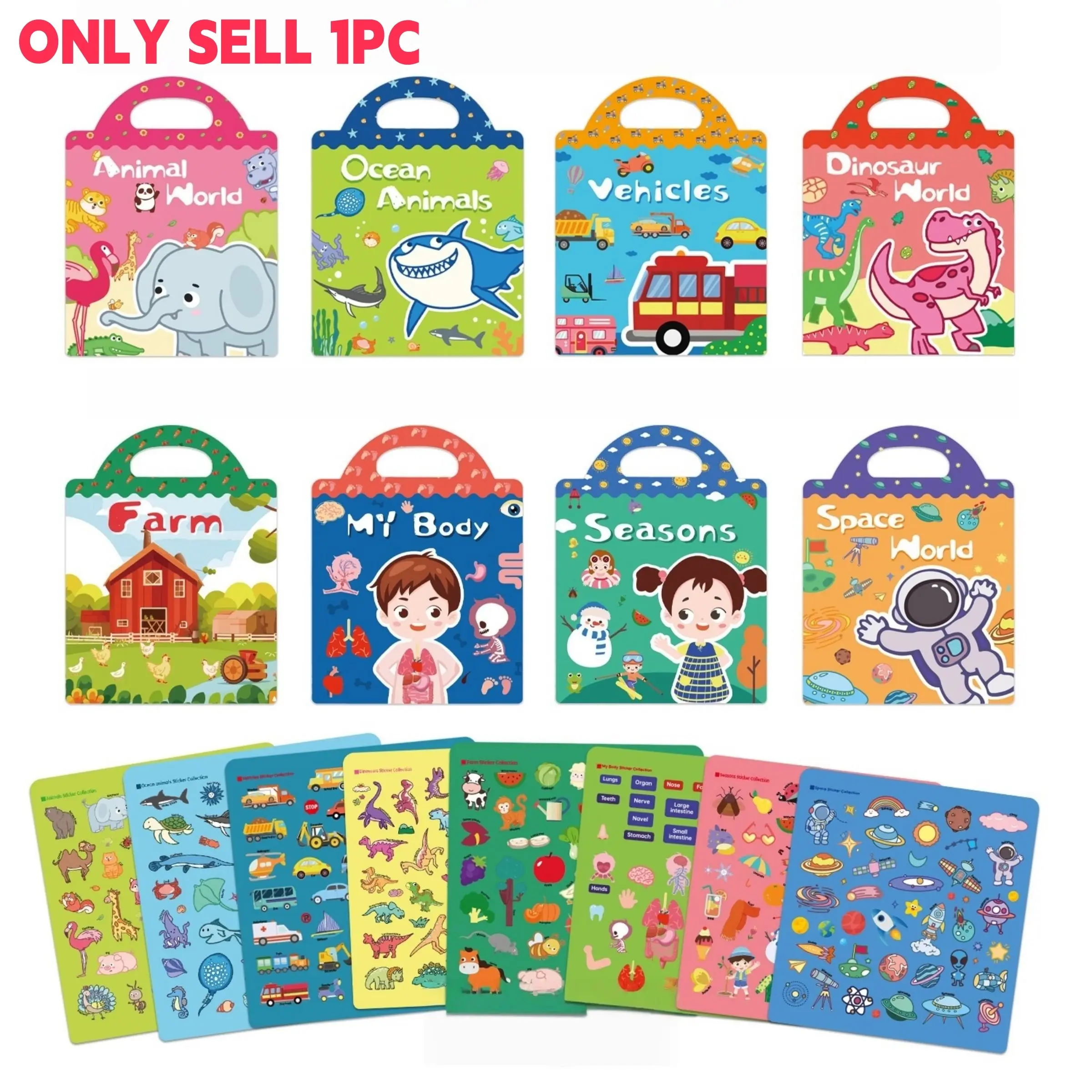 Reusable Jelly Sticker Book, 1 Count Various Themes Seasons My Body Vehicles Farm Sticker Book, Toddler Learning Enlightenment, School & Educational Supplies