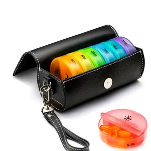 Weekly Pill Organizer, Supplement Organizer for Morning & Evening, Large 7-Day Round Tablet Holder, Faux Leather Travel Case, Ideal for Vitamins & Fish Oil