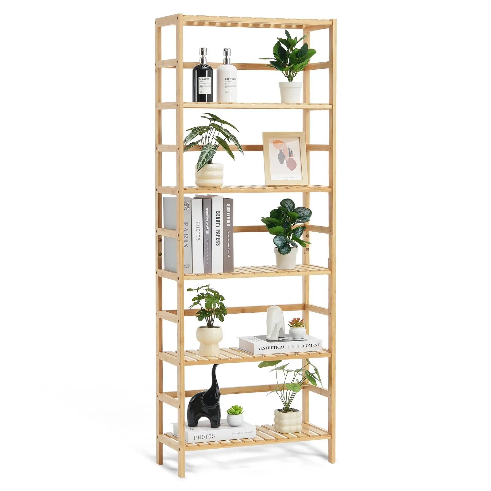 VEVOR 6-Tier Minimalist Waterproof Bamboo Shelf - Open Multi-Purpose Freestanding Organizer with 6 Shelves for Bathroom, Bedroom, Plant Display, Water Proof
