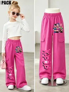 Sweet Cool Girl Group Print Long Pants, Comfortable Skin-Friendly, Perfect for Outdoor Play, Loose Fit Straight Leg Sports Pants for Girls, Athleisure Pants
